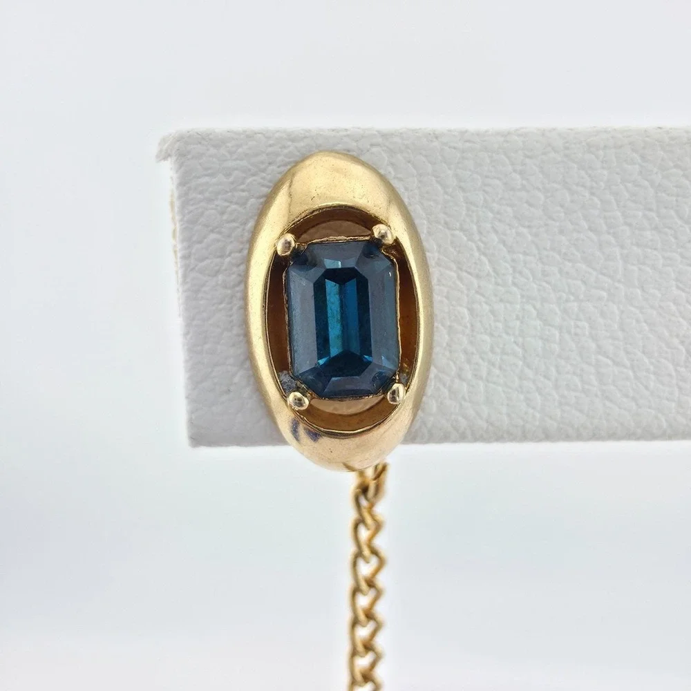Vtg SWANK Tie Tack Pin Deep Blue Crystal Emerald Cut Barbell Men's Gold Tone